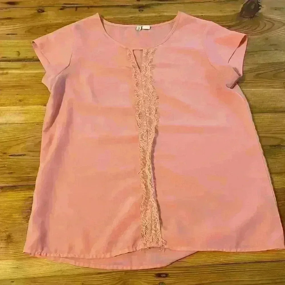 3 Short Sleeve Floral Pink & Yellow Business Casual Work Blouse Tops Size Medium - Picture 2 of 10